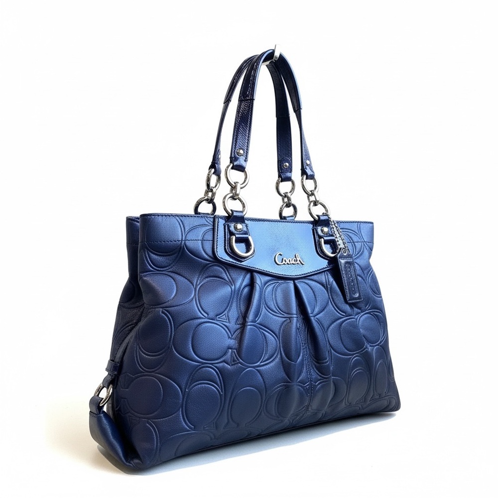 Coach Rare Blue Embossed Metallic Leather Ashley Carryall Tote Bag